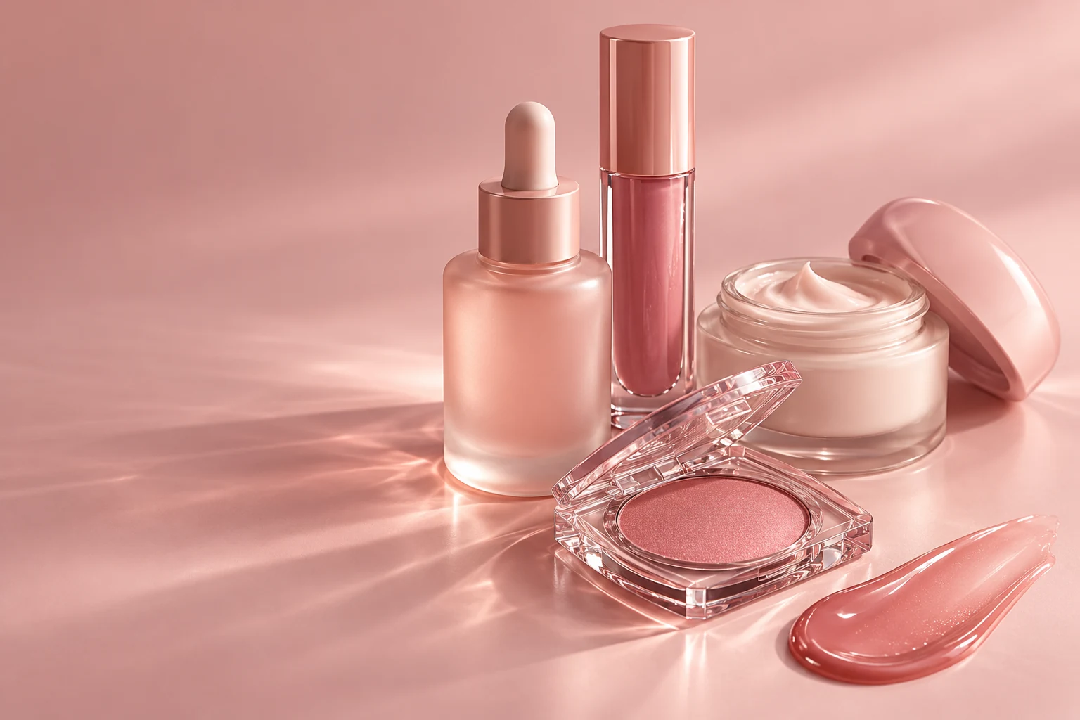 Concept image of unbranded beauty and skincare packaging in soft pink tones